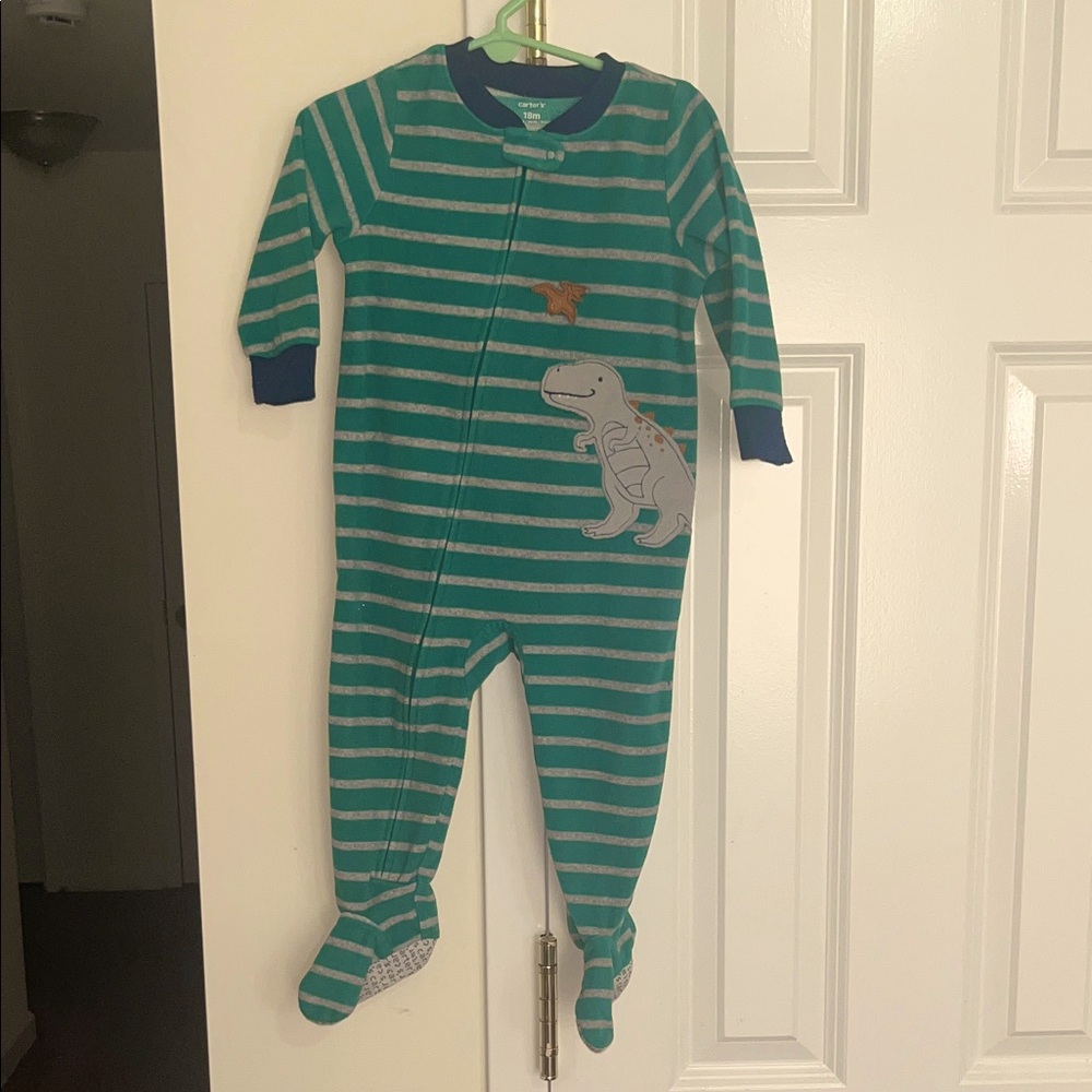 Carter's Long sleeve Teal and Gray striped Dinosaur embroidered Footsie PJ’s
